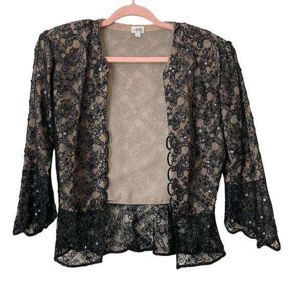 Vintage Cache Top Women Medium Black Lace Sequins Sheer Whimsigoth Vamp Gothic - Picture 1 of 13